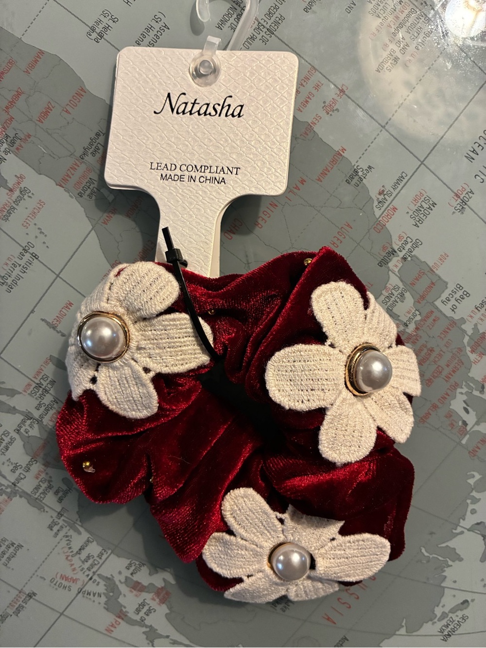 Natasha Couture Burgundy Velvet Scrunchie with Cream Floral Pearls